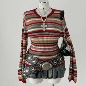 SHEIN Multicolor Striped Knit Long Bell Sleeve Sweater